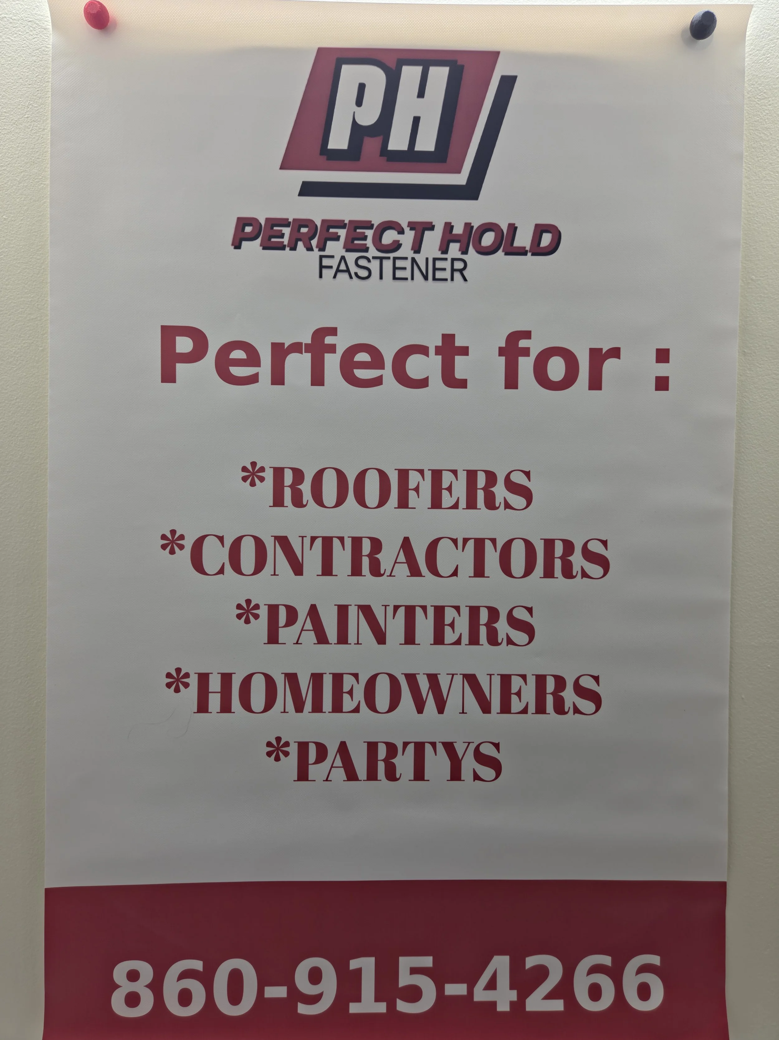 Signboard advertising for product that is for roofers, contractors, painters, homeowners, and parties. Contains a phone number 860-915-4266.