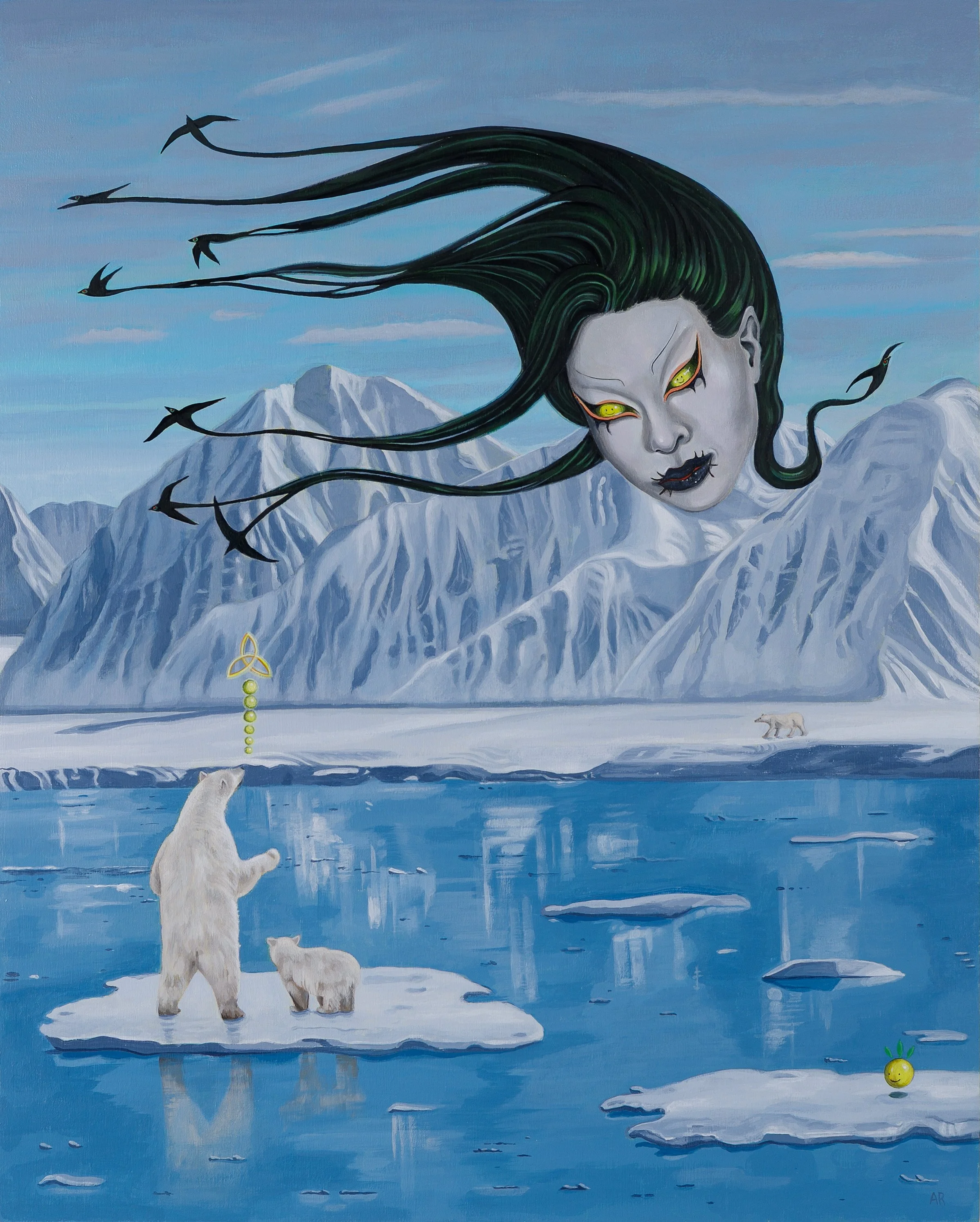 Amy Regutti painting of a woman with birds pulling the ends of her hair over an artic scene with polar bears floating on ice
