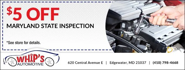 Advertisement offering $5 off Maryland state inspection at Whip's Automotive in Edgewater, MD, with a picture of a person working on a car engine and dealership contact information.