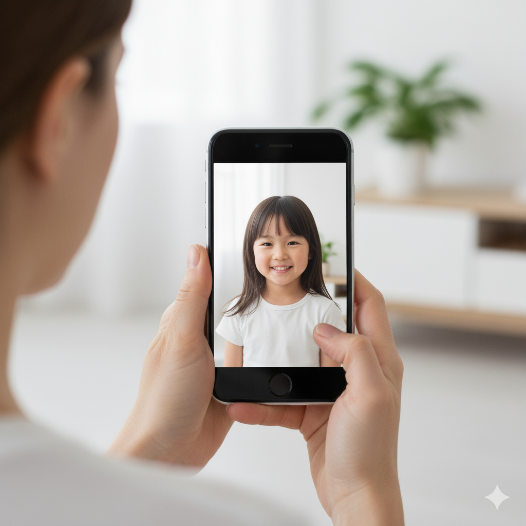 スマートフォンで笑顔の少女の写真を撮る女性の手元の様子