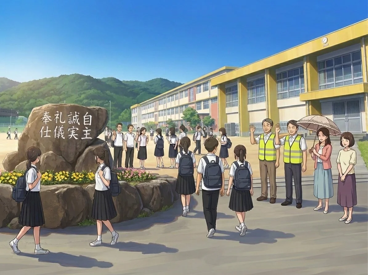南指宿中学校の正門前で行われた挨拶運動の様子。補導委員や地域コーディネーターが、登校する生徒たちに声をかけている。背景には校舎と緑豊かな山が見える。イメージ画像。