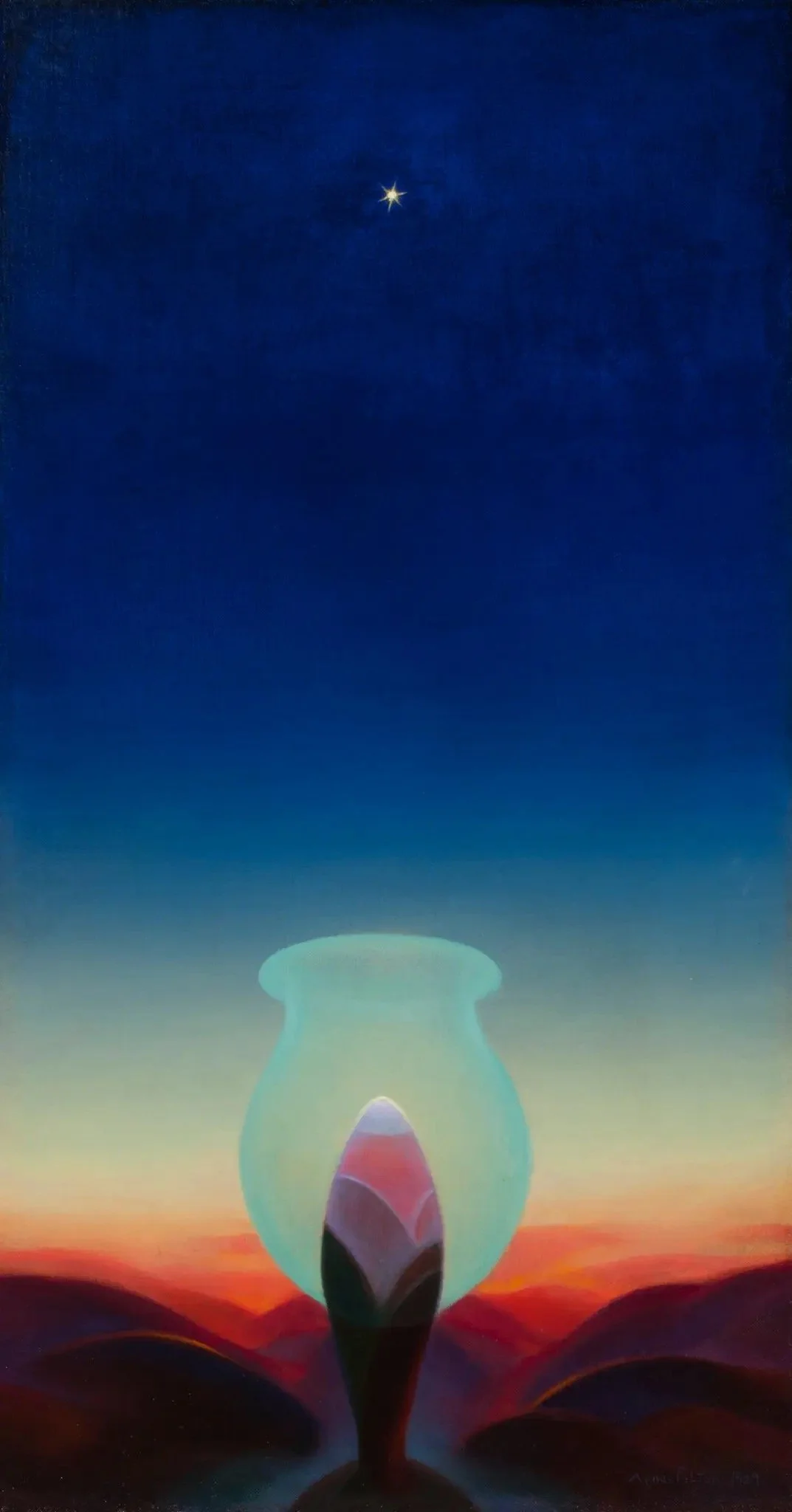 Abstract painting by Agnes Pelton showing a glowing vessel-like form emerging from dark hills beneath a deep blue night sky with a single star, evoking stillness, containment, and inner light
