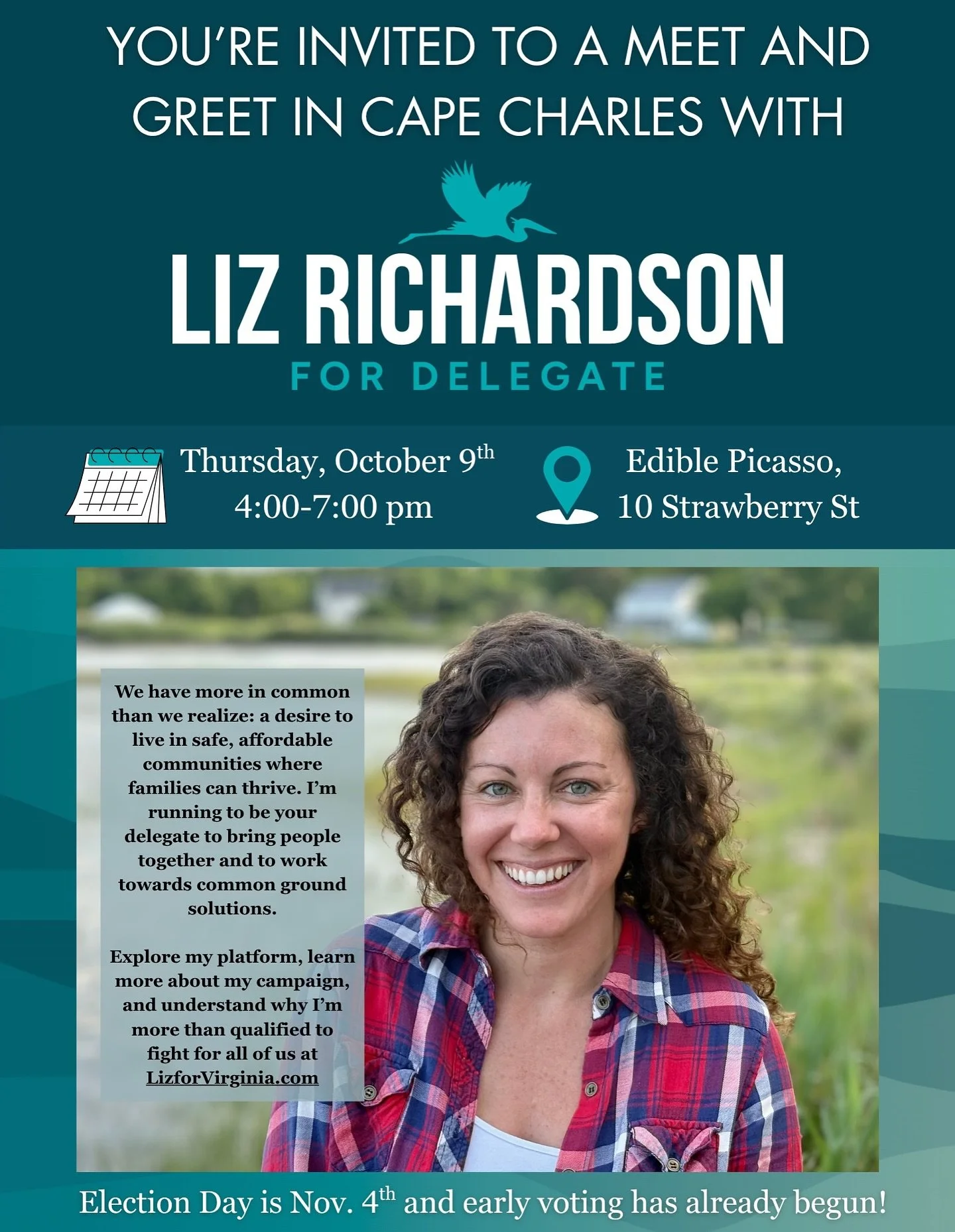 Meet and greet alert! Join us this Thursday in Cape  Charles 
Light refreshments will be served from the delicious Edible Picasso!