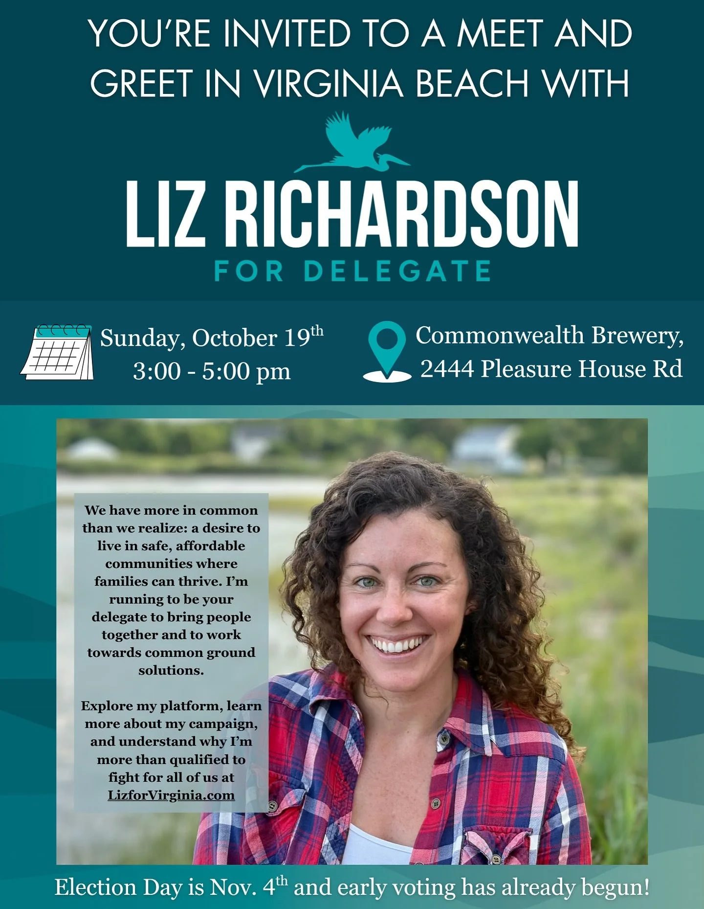 Join us on Sunday in the Virginia Beach part of District 100. I hope to see you there. 
All are welcome!
Please RSVP here: https://mobilize.us/s/zuuRiU