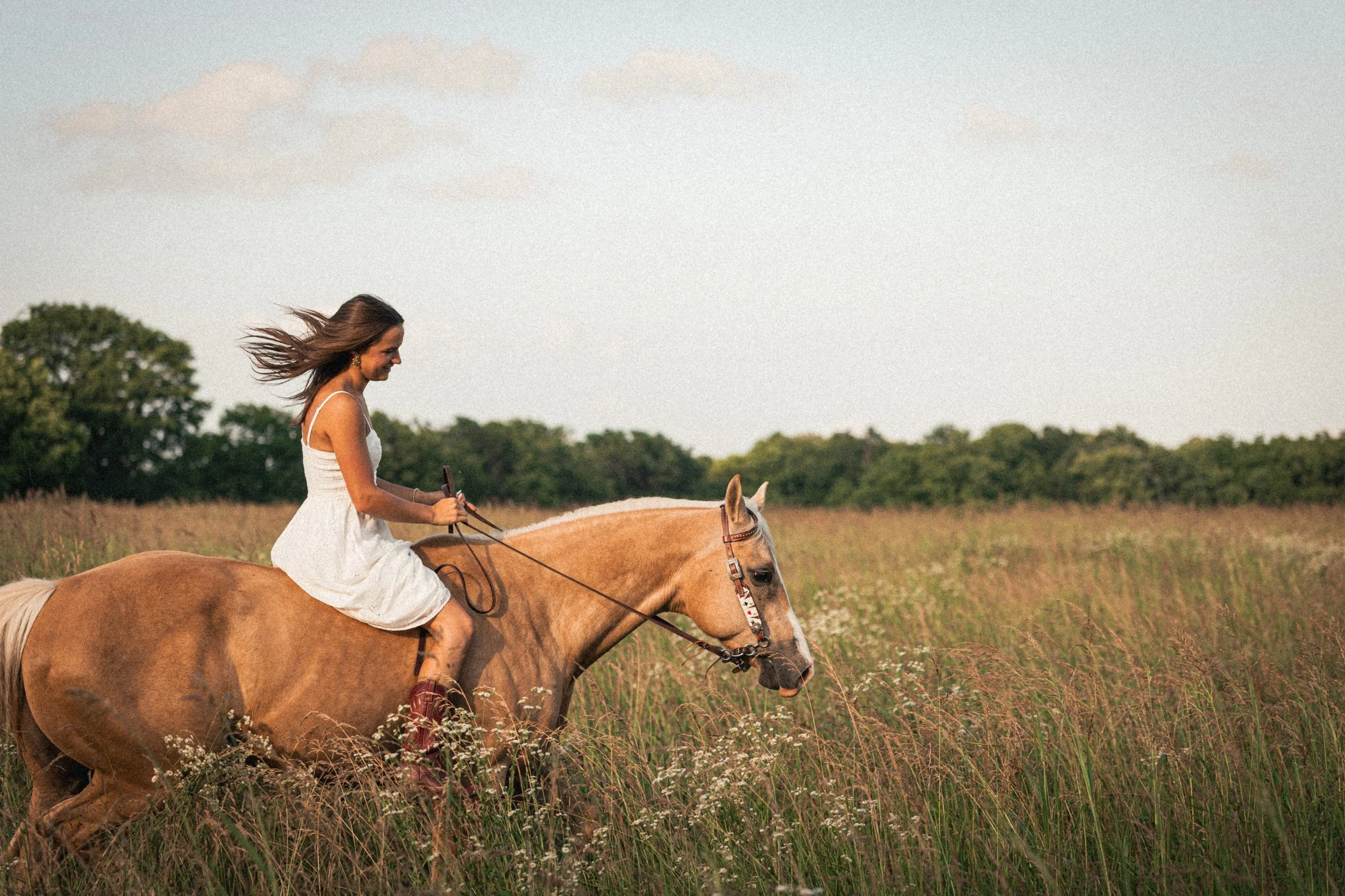 A woman with long brown hair wearing a white dress riding a light brown horse through a grassy field with trees and blue sky in the background.