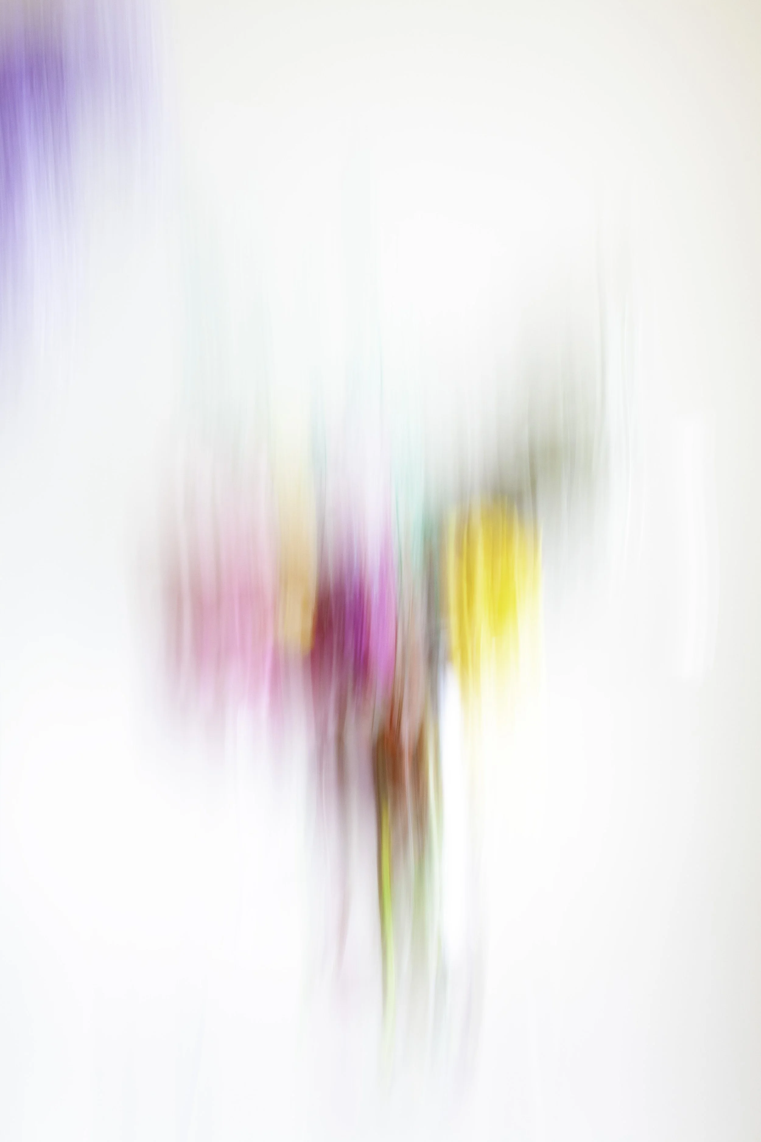 Blurry image of a small bouquet of colorful flowers against a white background.
