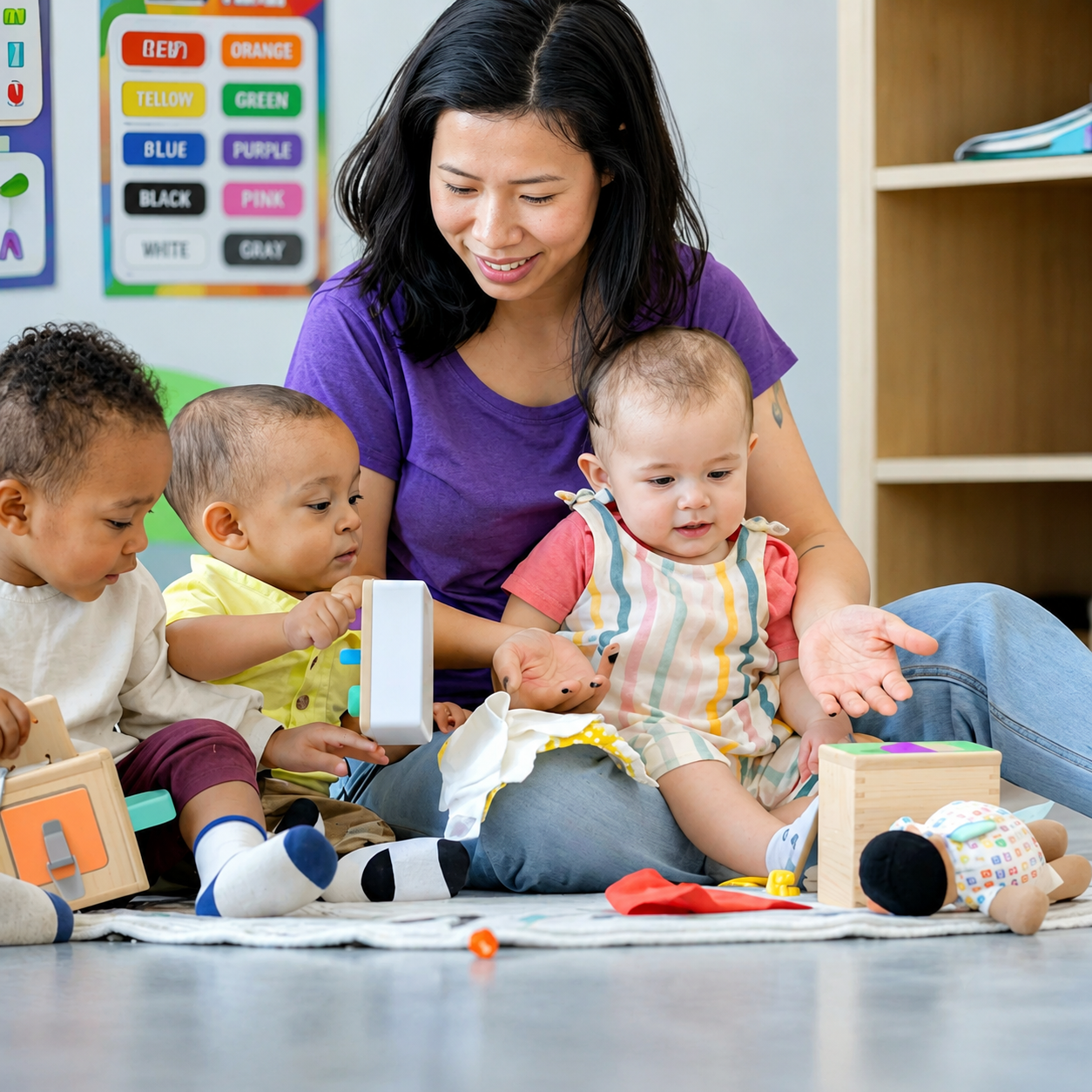 A teacher and four young children sitting on the floor in a classroom playing with toys.