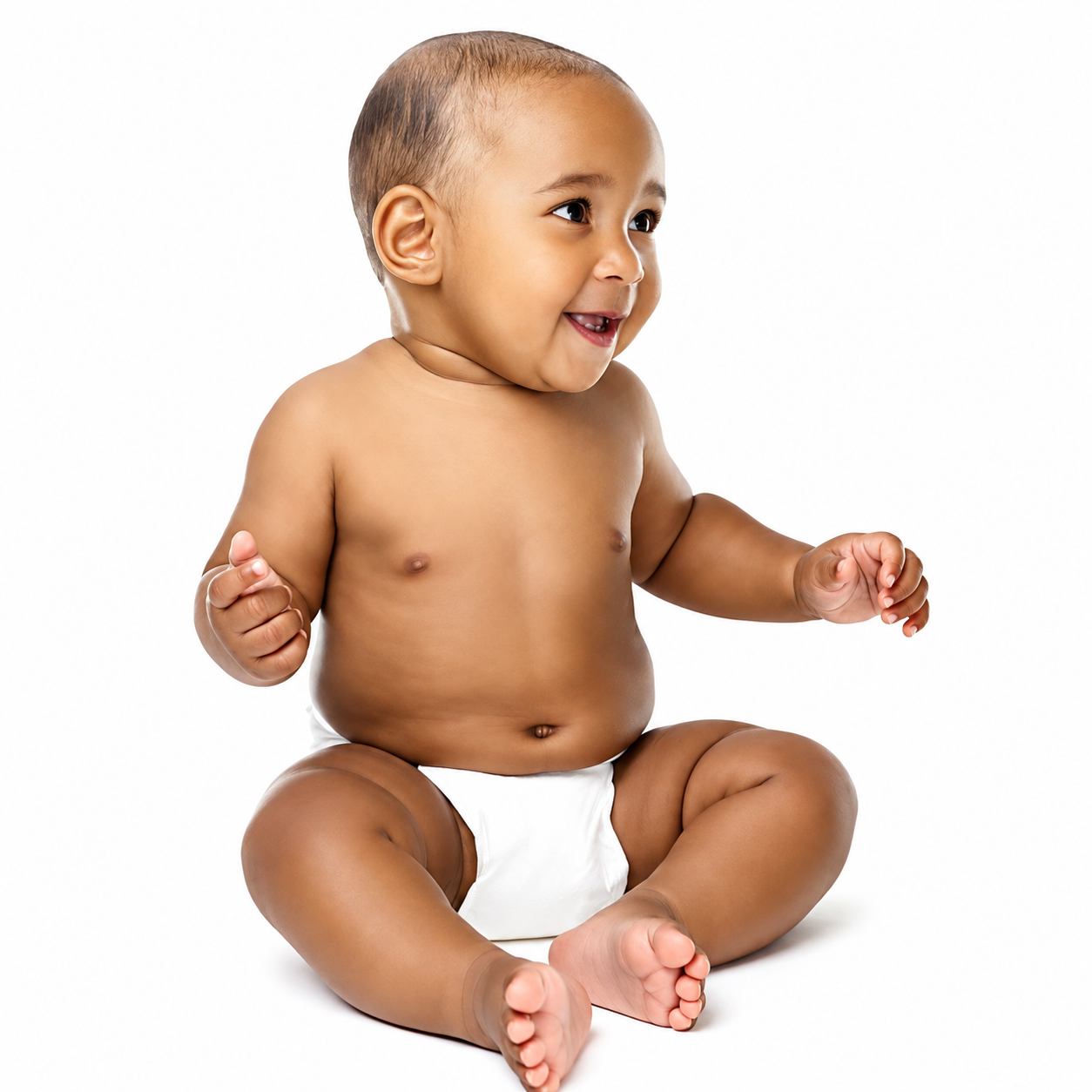 "Smiling baby wearing a diaper sitting on a clean white background, looking to the side with a joyful expression."