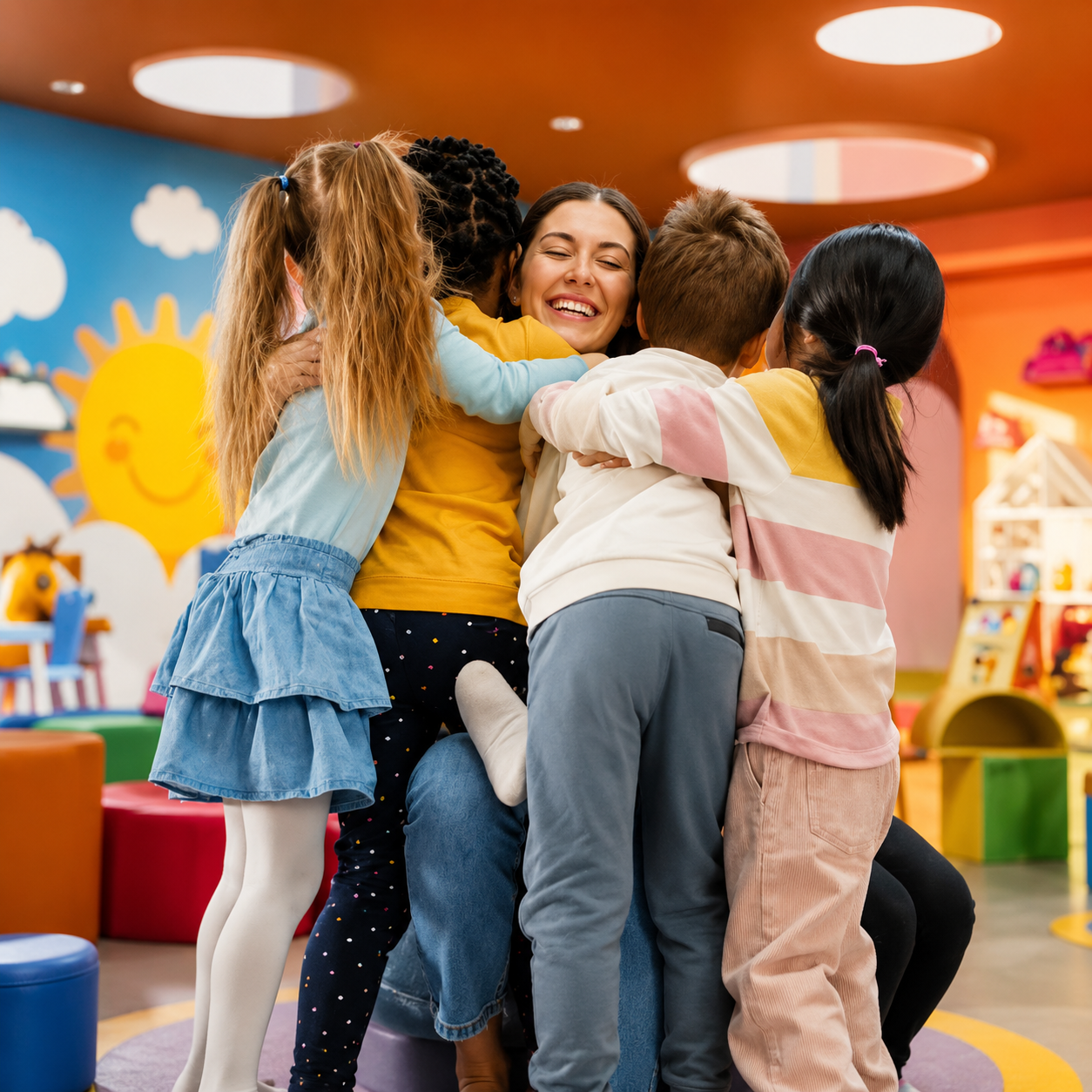 A group of children hugging a woman in a colorful playroom with smiling sun and clouds wall decorations.