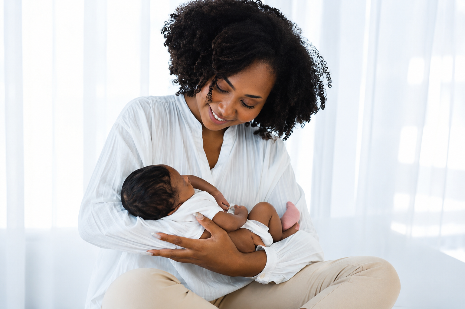 Professional Black nanny gently holding and caring for a newborn baby in a bright, peaceful indoor setting, providing attentive infant care and nurturing support