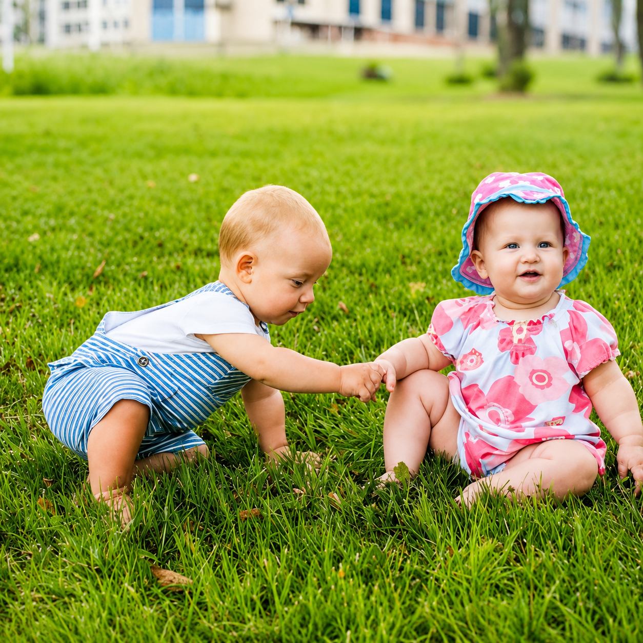 Two young children interacting and playing together outdoors, supporting early childhood social development and peer interaction skills.
