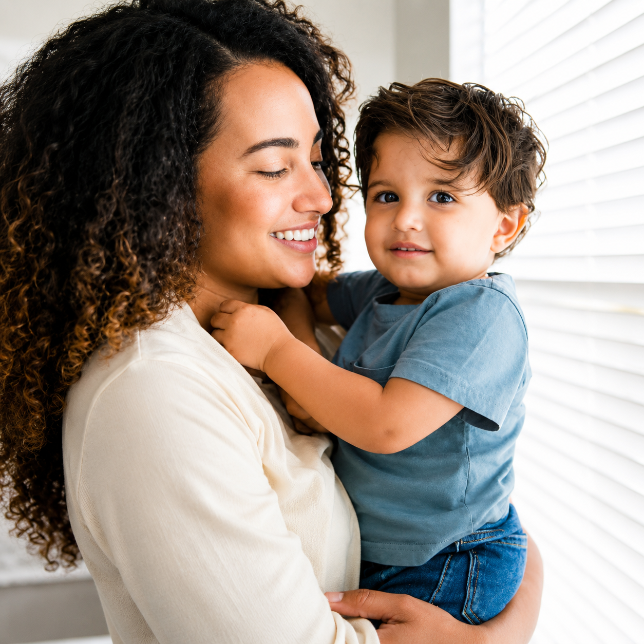 Happy mother holding her young child, showing the trusted and nurturing childcare support provided by Little Hugz Childcare Services.