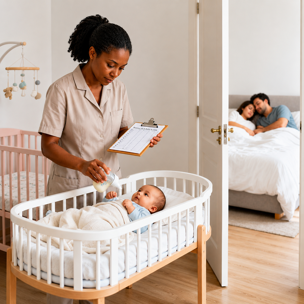 A nurse feeding a baby in a crib while a couple sleeps in the background.
