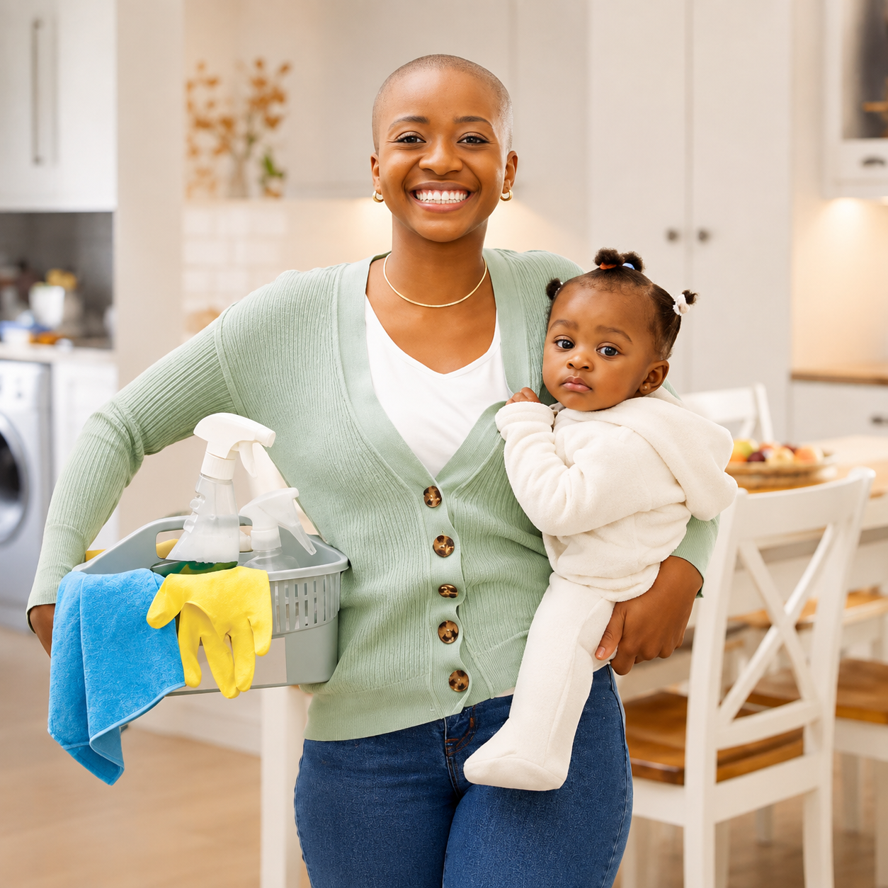 Professional Black nanny providing childcare support while holding a young child and managing household tasks in a clean family home.