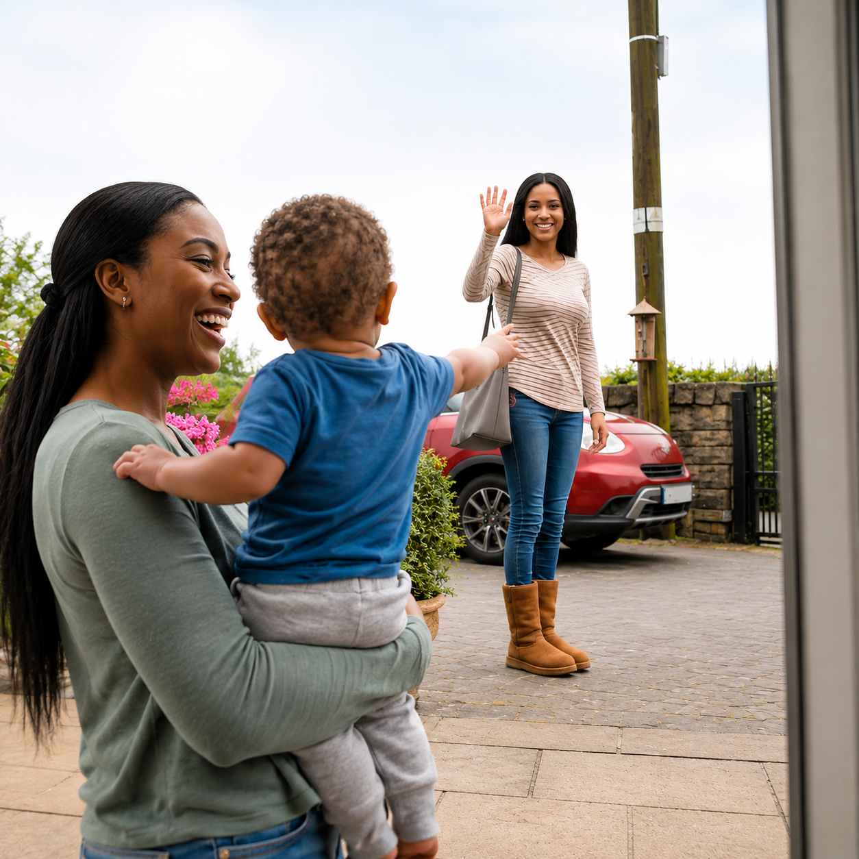 A woman with long black hair waves and greets a woman holding a young child outside her house. The woman being greeted smiles warmly, and a red car is parked in the driveway with flowers and a stone wall in the background.