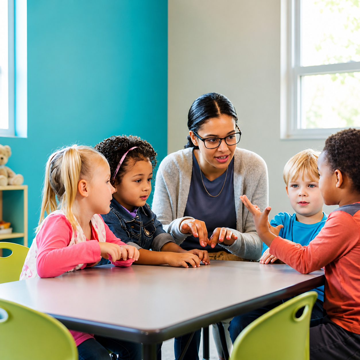 Professional childcare educator engaging children in a group learning activity at a safe and nurturing childcare center.