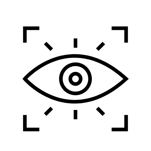 A black and white line drawing of an eye with decorative elements around it.
