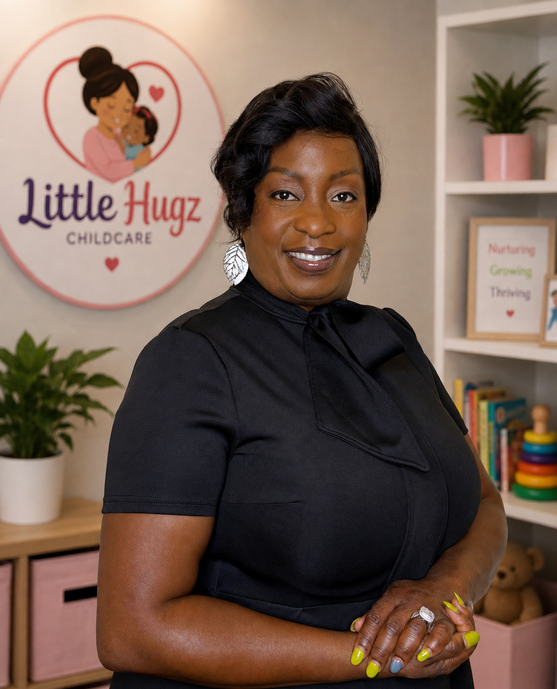 Founder of Little Hugz Childcare smiling in a professional childcare office dedicated to nurturing children and supporting families.