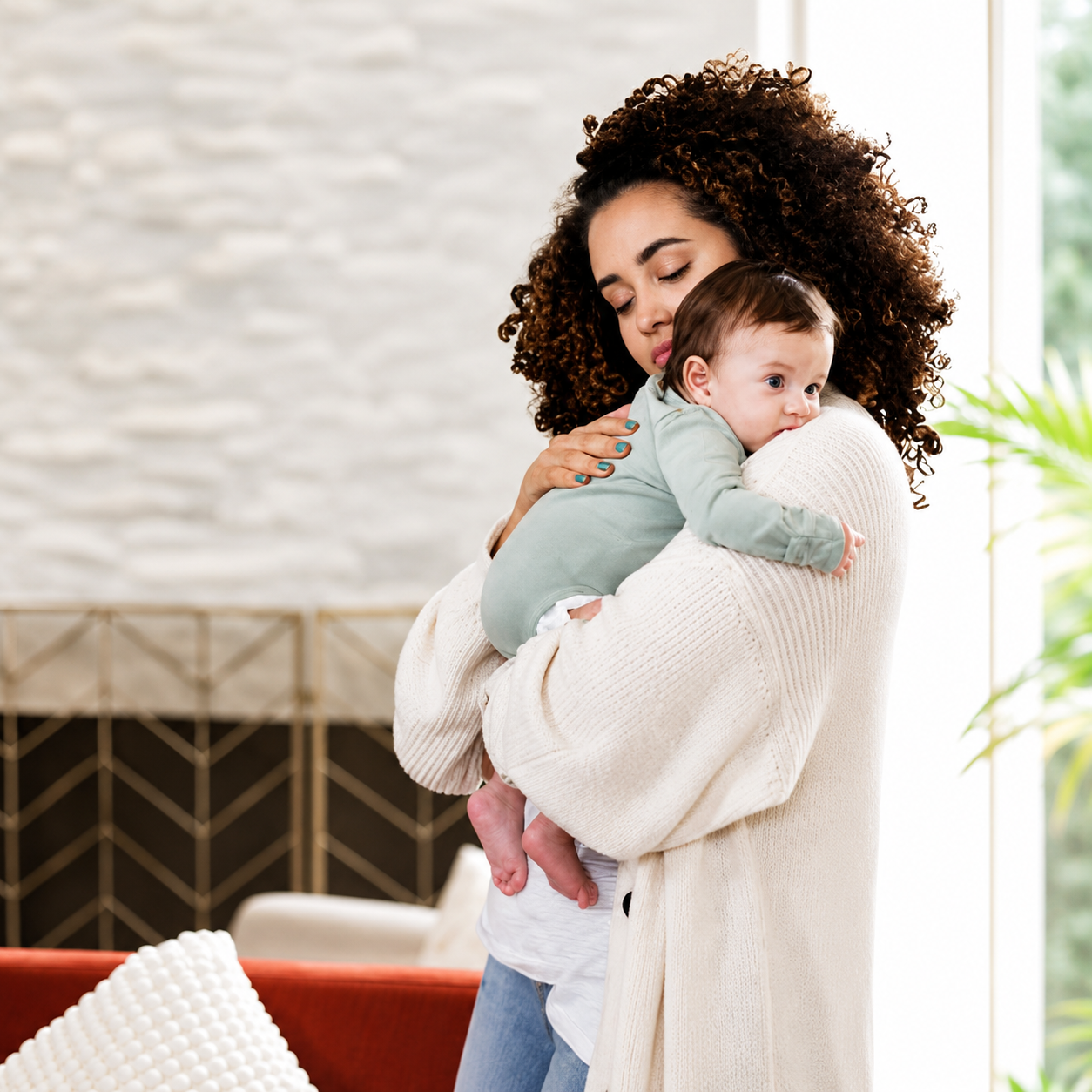 A woman holding a baby in her arms, standing indoors near a window with green plants in the background.