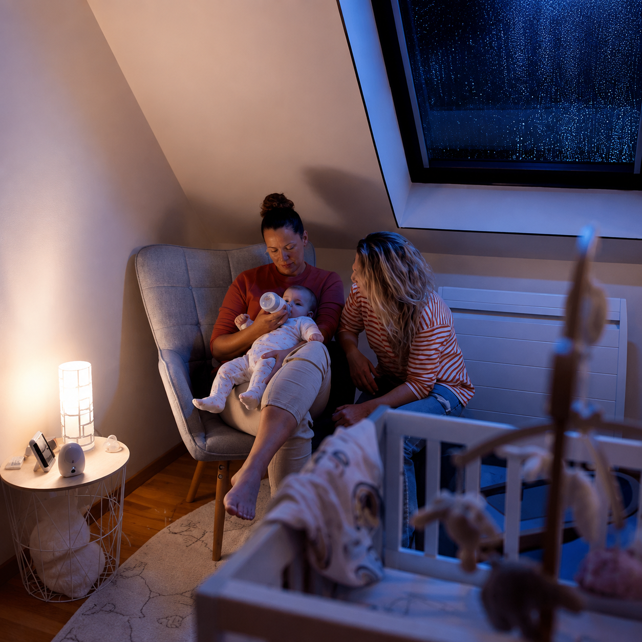 Professional overnight newborn care specialist supporting a family during nighttime infant feeding and care
