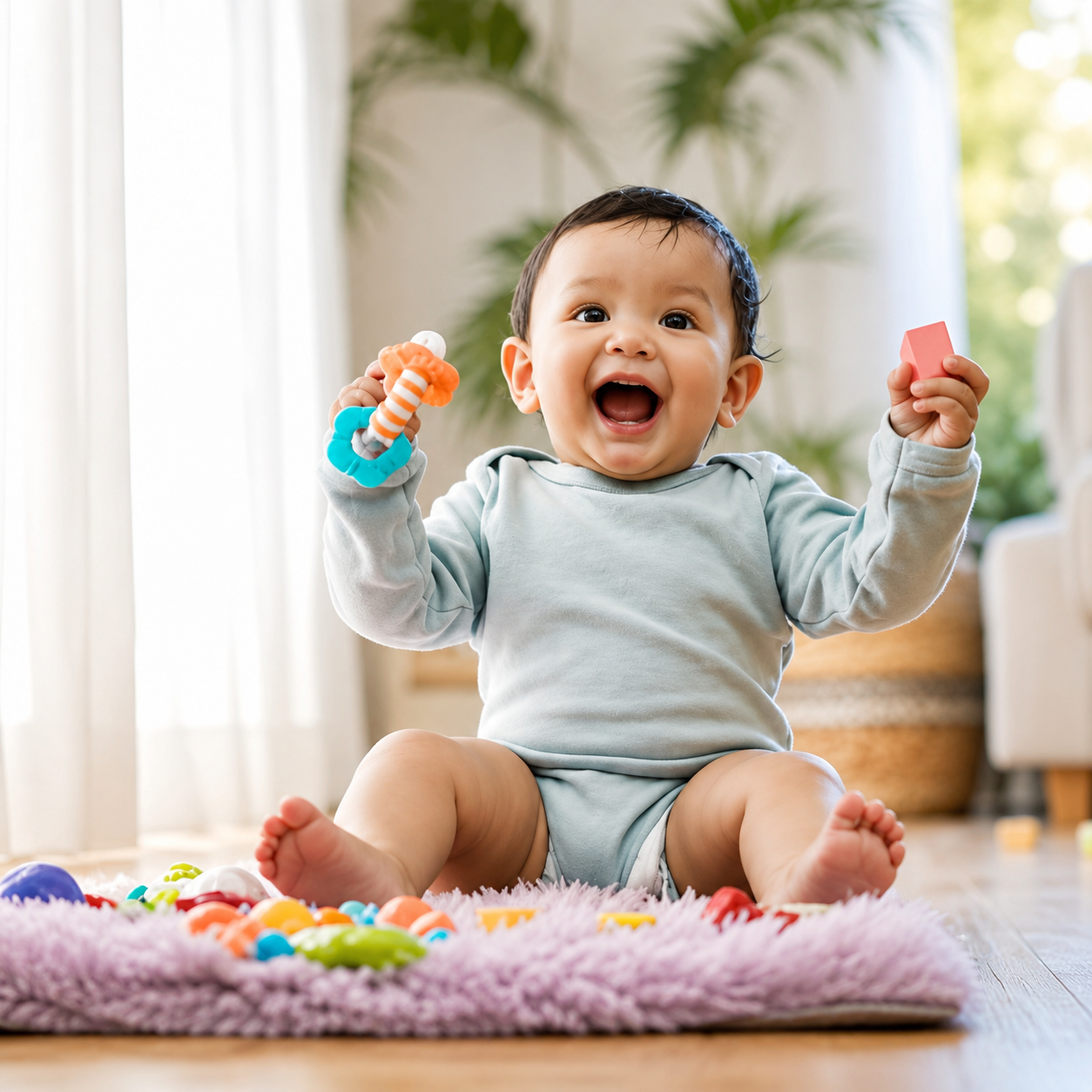 Smiling baby sitting on a pink rug, holding colorful teething toys, surrounded by more toys, in a bright room with natural light and indoor plants.