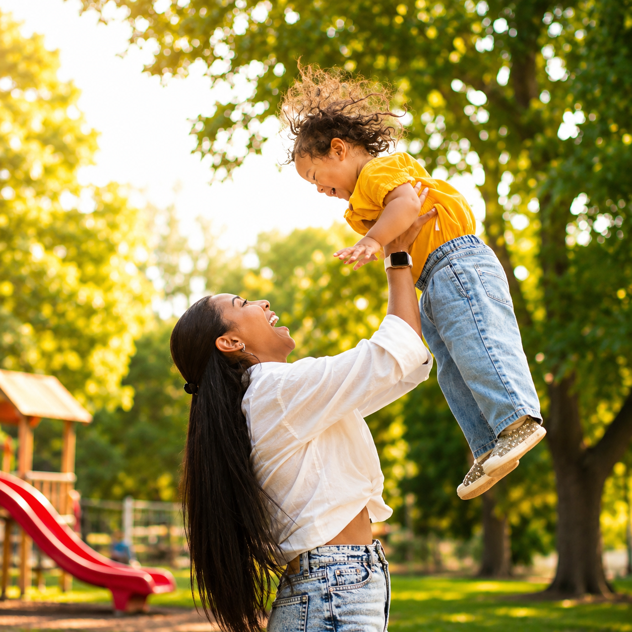 A woman with long black hair lifting a young girl with curly hair in a yellow shirt and jeans in a park with trees and playground in the background