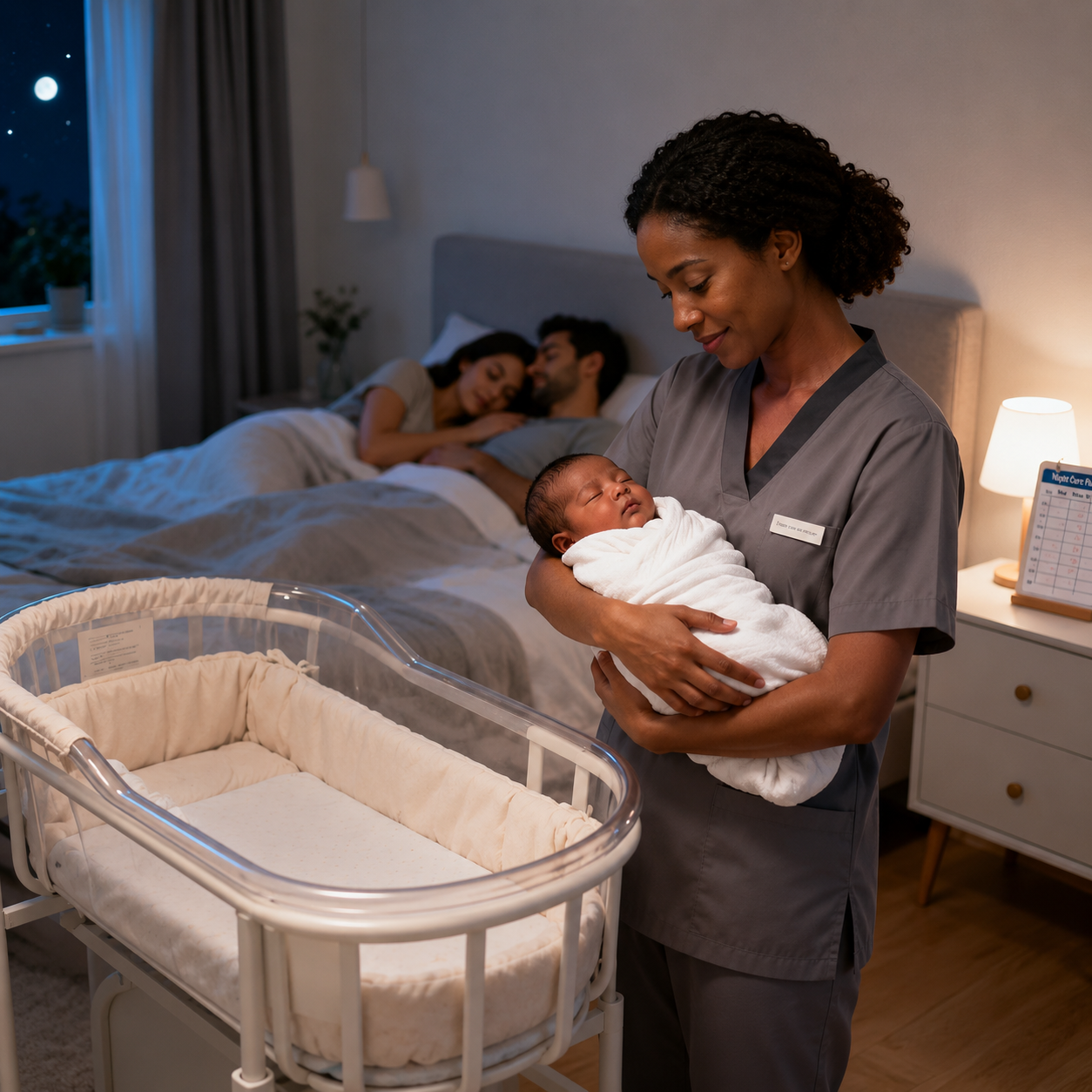 A healthcare worker holding a newborn baby in a cozy bedroom with the baby's parents resting in bed in the background.