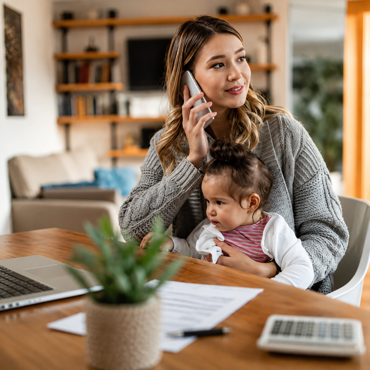 Mother working from home while caring for her young child, highlighting parenting support, family wellness, and childcare guidance services.