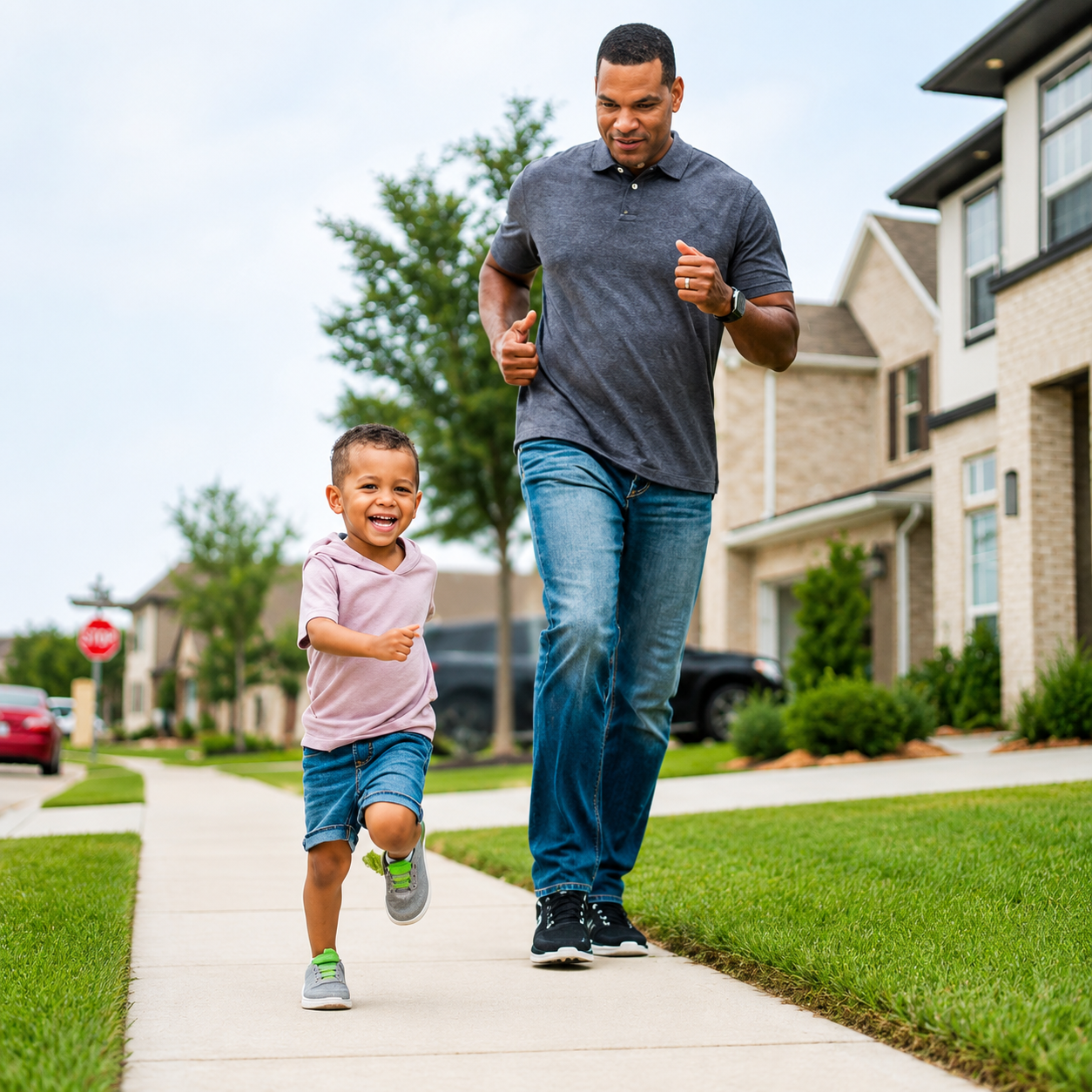 Parent and young child running together outdoors in a family-friendly neighborhood, promoting healthy development, family bonding, and active childcare support.
