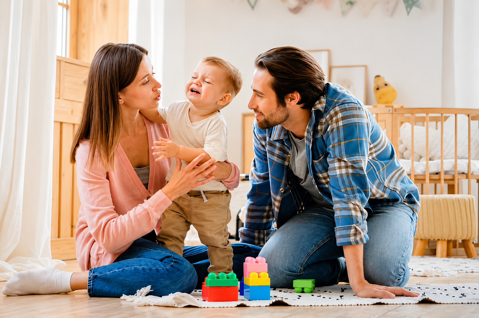 A family of three plays together on the floor of a nursery. The mother holds a crying toddler, while the father leans forward smiling. There are colorful toy building blocks in front of them, and the room has a crib and soft decor in the background.