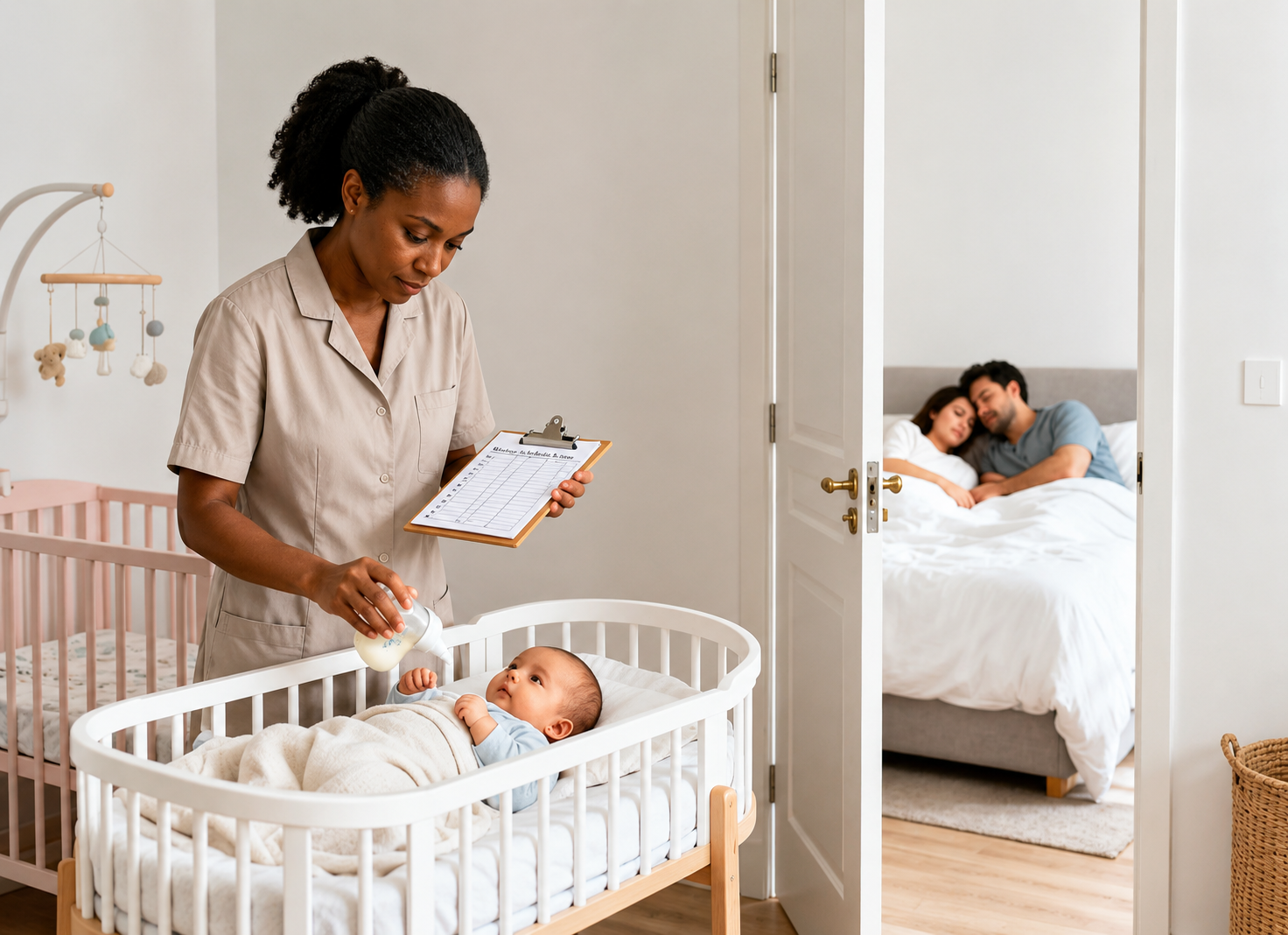A nurse is caring for a baby in a crib while parents are sleeping in the background.