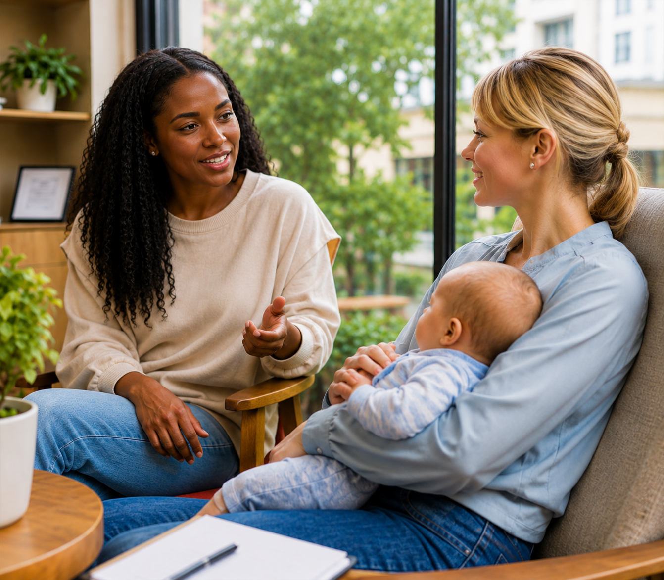 Two women having a conversation in a cozy room with a baby; one woman is sitting in a chair, holding the baby, while the other woman is gesturing during their discussion.