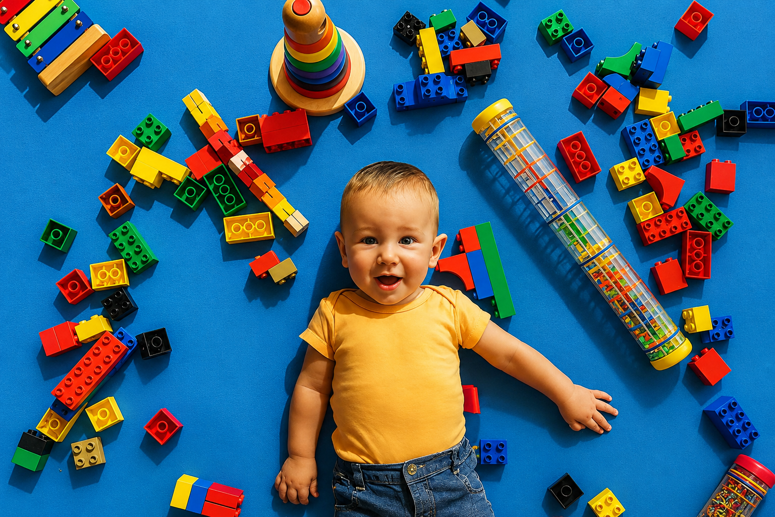 Smiling toddler in yellow shirt lying on blue background surrounded by scattered colorful building blocks, including LEGO and other toy bricks.
