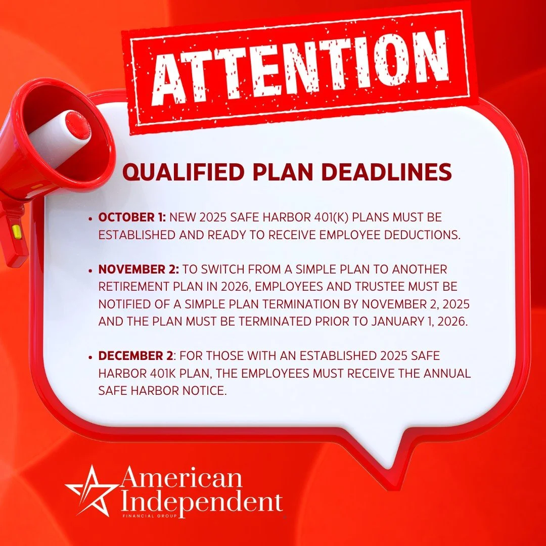 📅 Important Retirement Plan Deadlines for Business Owners

✅ October 1, 2025 &ndash; New Safe Harbor 401(k) plans must be set up and ready to take employee contributions.

✅ November 2, 2025 &ndash; If you&rsquo;re moving from a SIMPLE plan to anoth