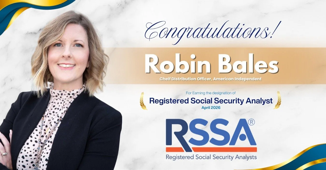 We proudly recognize our CDO, Robin Bales, on earning her Registered Social Security Analyst designation. 🎉

Robin has been a steady force behind the growth of American Independent. She brings a level of discipline and clarity that shows up in how w