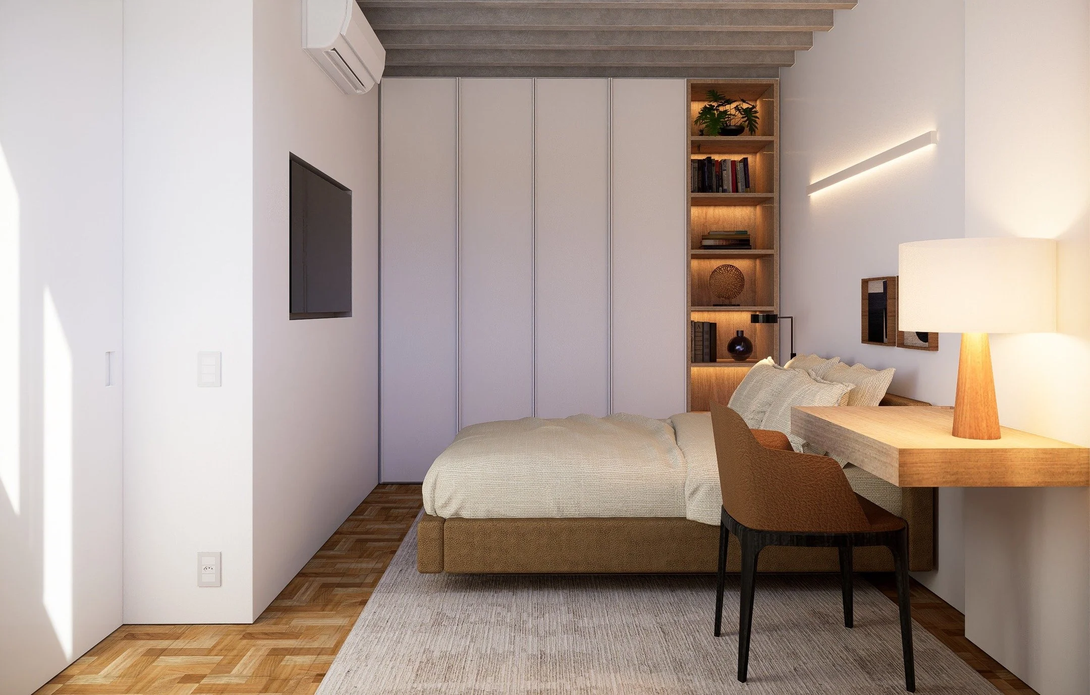 O dormit&oacute;rio de h&oacute;spede do apartamento LFA foi pensado para oferecer conforto e uma perman&ecirc;ncia acolhedora. Como o cliente recebe amigos do Brasil e do exterior, o espa&ccedil;o conta com estrutura completa e funcional. As textura