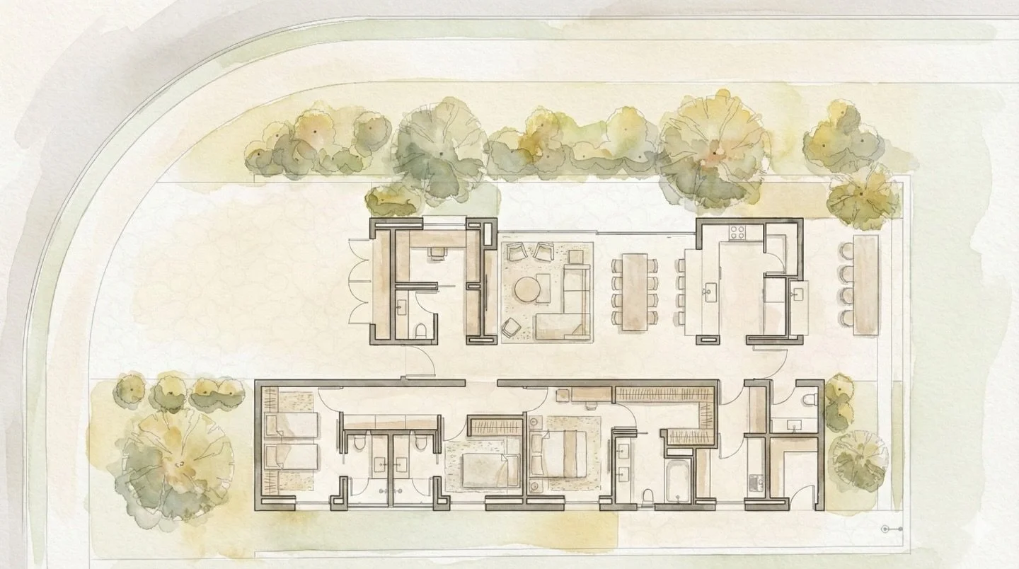 Em um terreno compacto de 368 m&sup2;, a Casa Origo se organiza em tr&ecirc;s blocos principais que, em sua disposi&ccedil;&atilde;o, estruturam toda a &aacute;rea social, living e jantar. Os quartos se voltam para a lateral mais privativa, banhados 