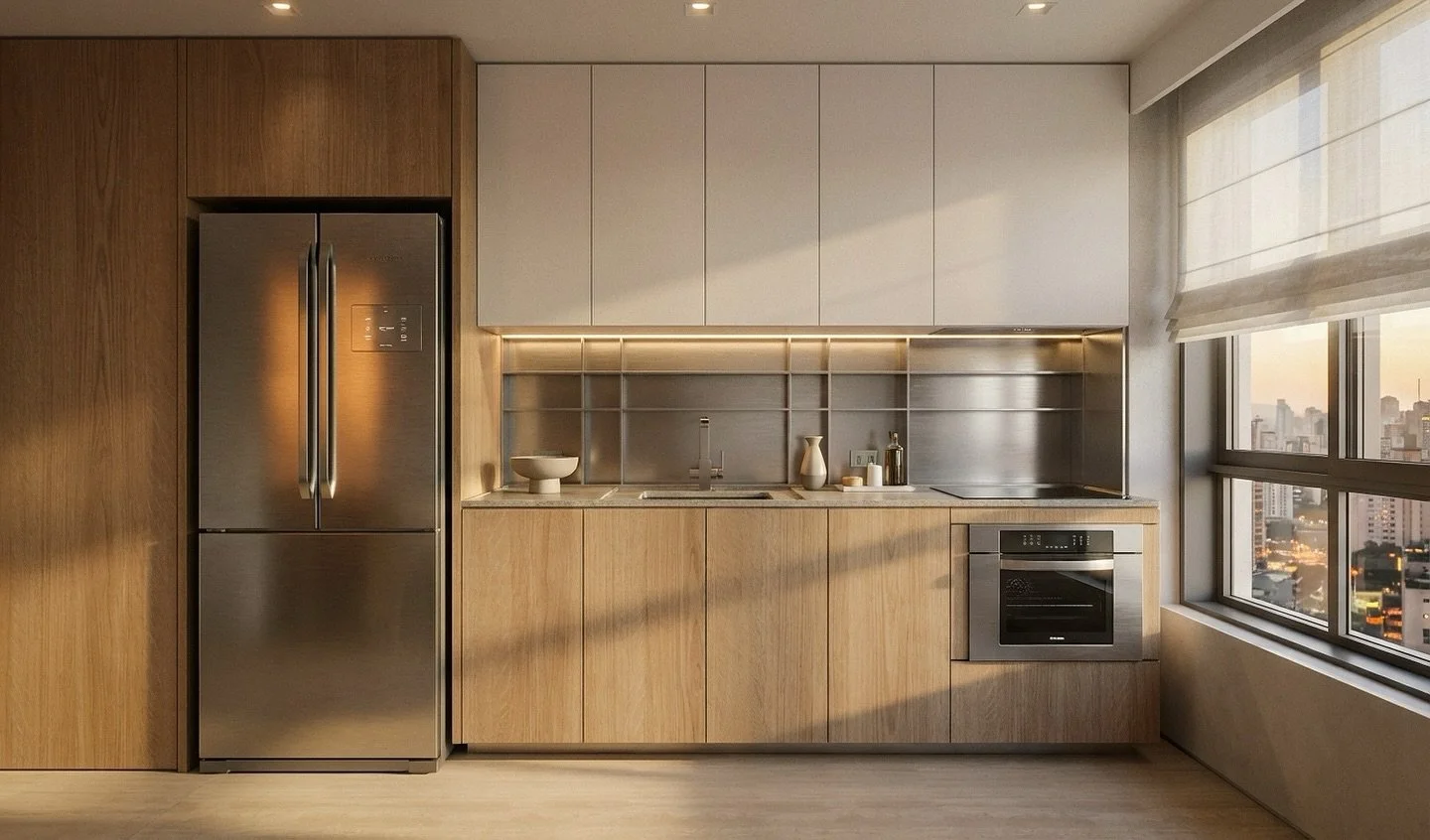 Na cozinha do apartamento FM, cada detalhe foi pensado com inten&ccedil;&atilde;o. Nada est&aacute; aqui por acaso: da torneira com filtro integrado ao forno que combina micro-ondas, forno el&eacute;trico e airfryer em um &uacute;nico sistema funcion