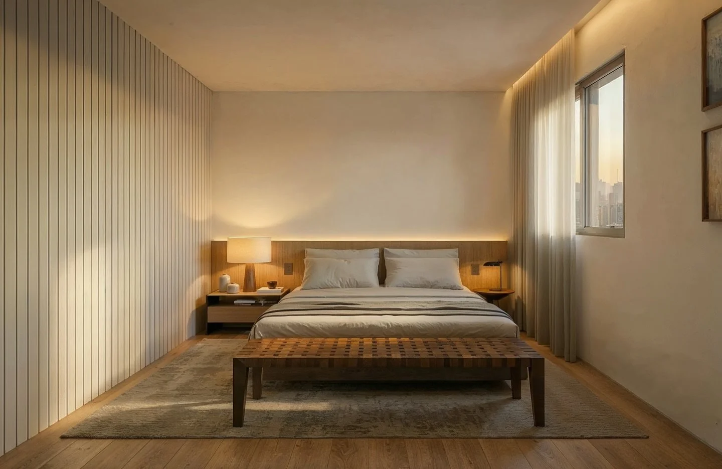 O quarto principal do Apartamento FM se transformou em um verdadeiro ref&uacute;gio para o descanso. A paleta s&oacute;bria, com texturas claras, madeira natural e nuances quentes, adiciona aconchego e serenidade ao ambiente. O arm&aacute;rio mimetiz