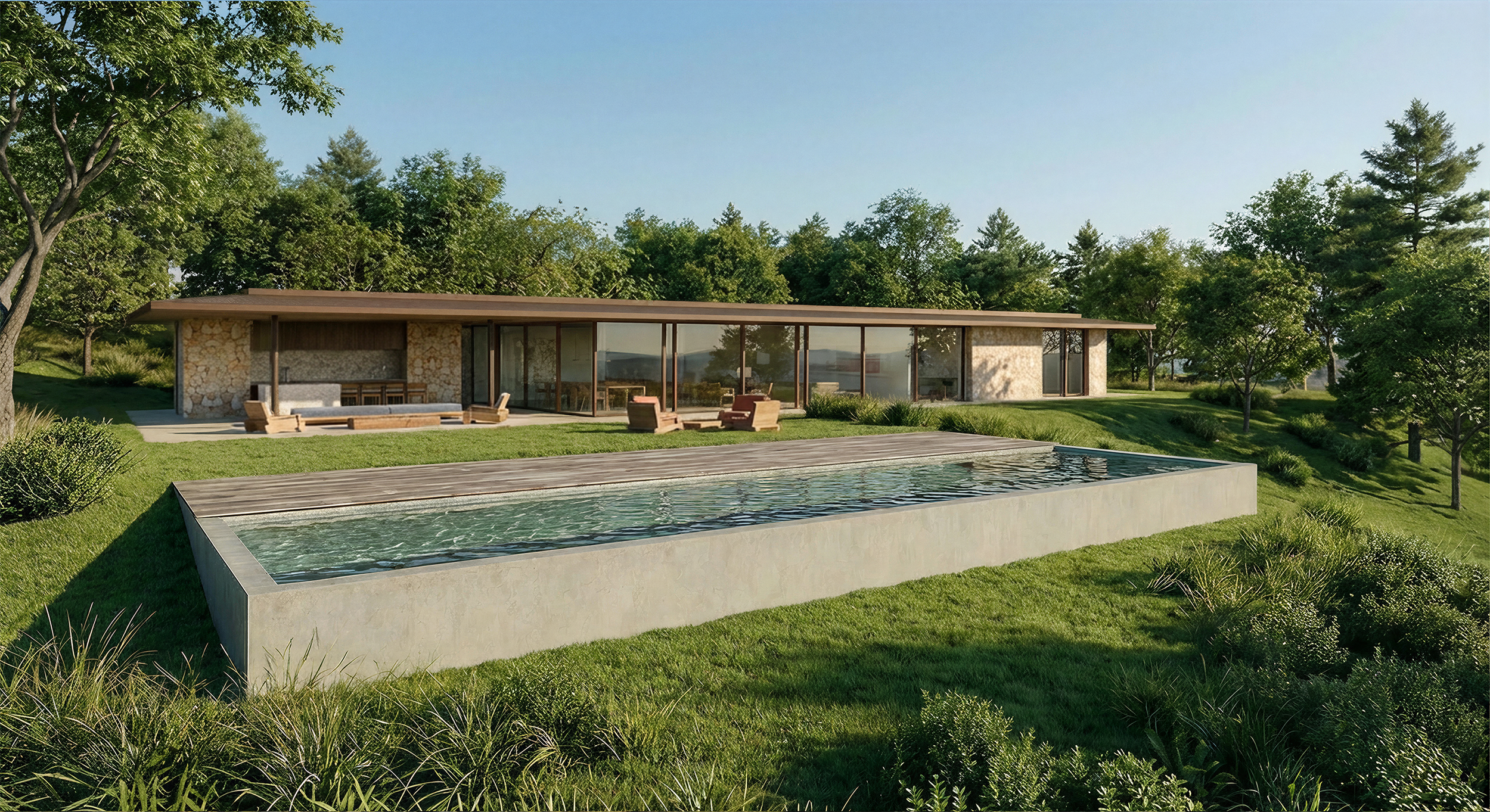 Fachada da Casa Tetris em pedra moledo e madeira, exemplo de arquitetura contemporânea.