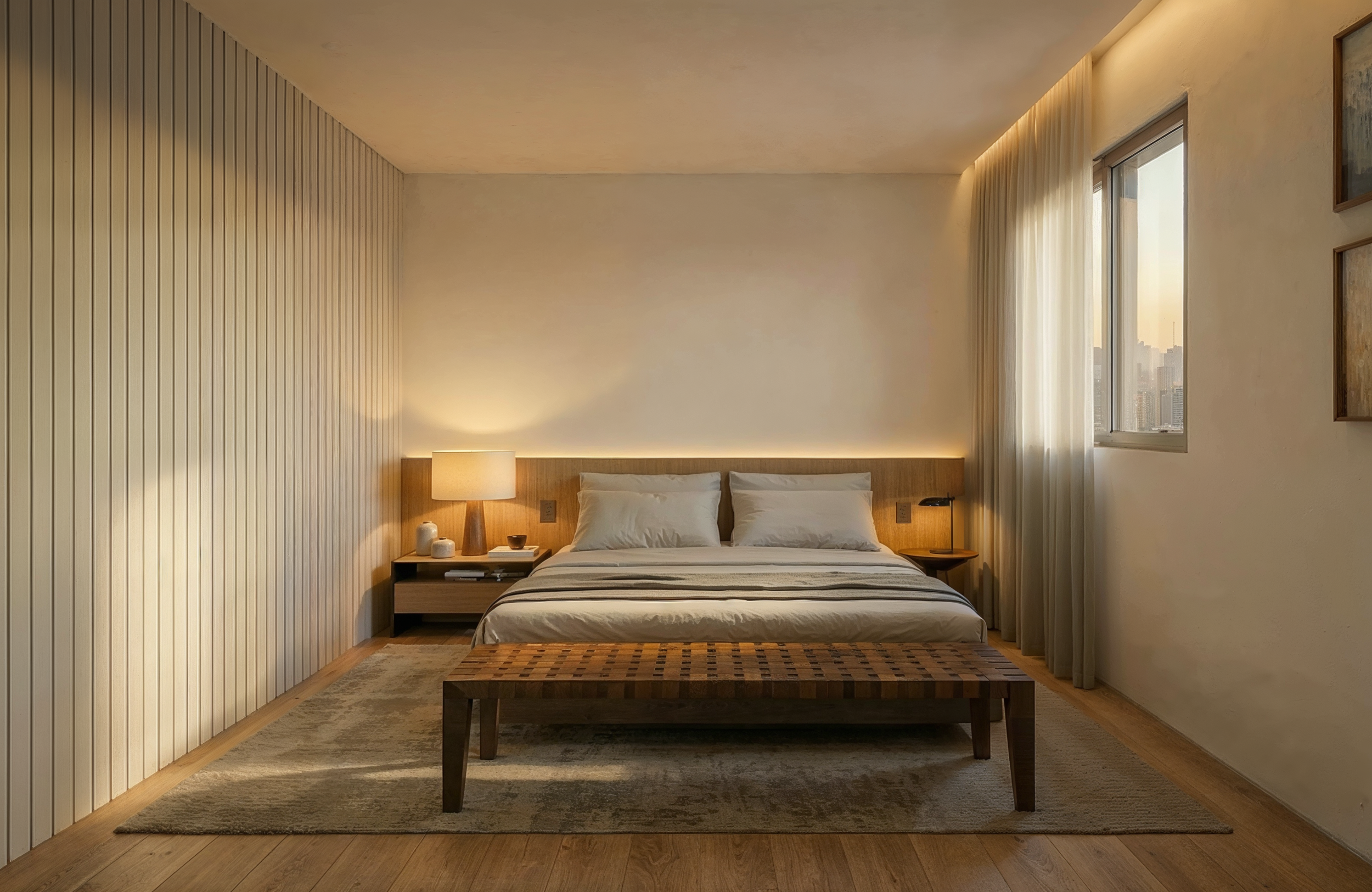 Quarto de casal com design minimalista e personalizado, criando um refúgio de sofisticação e conforto térmico.