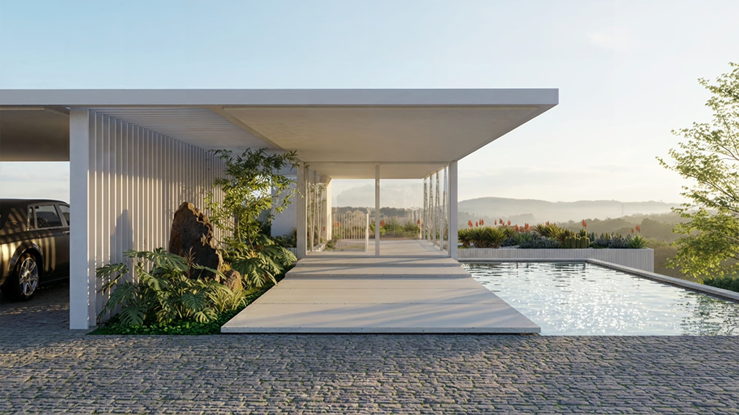 Passarela metálica de acesso à Casa Colina, com vista para o vale da Fazenda Boa Vista.