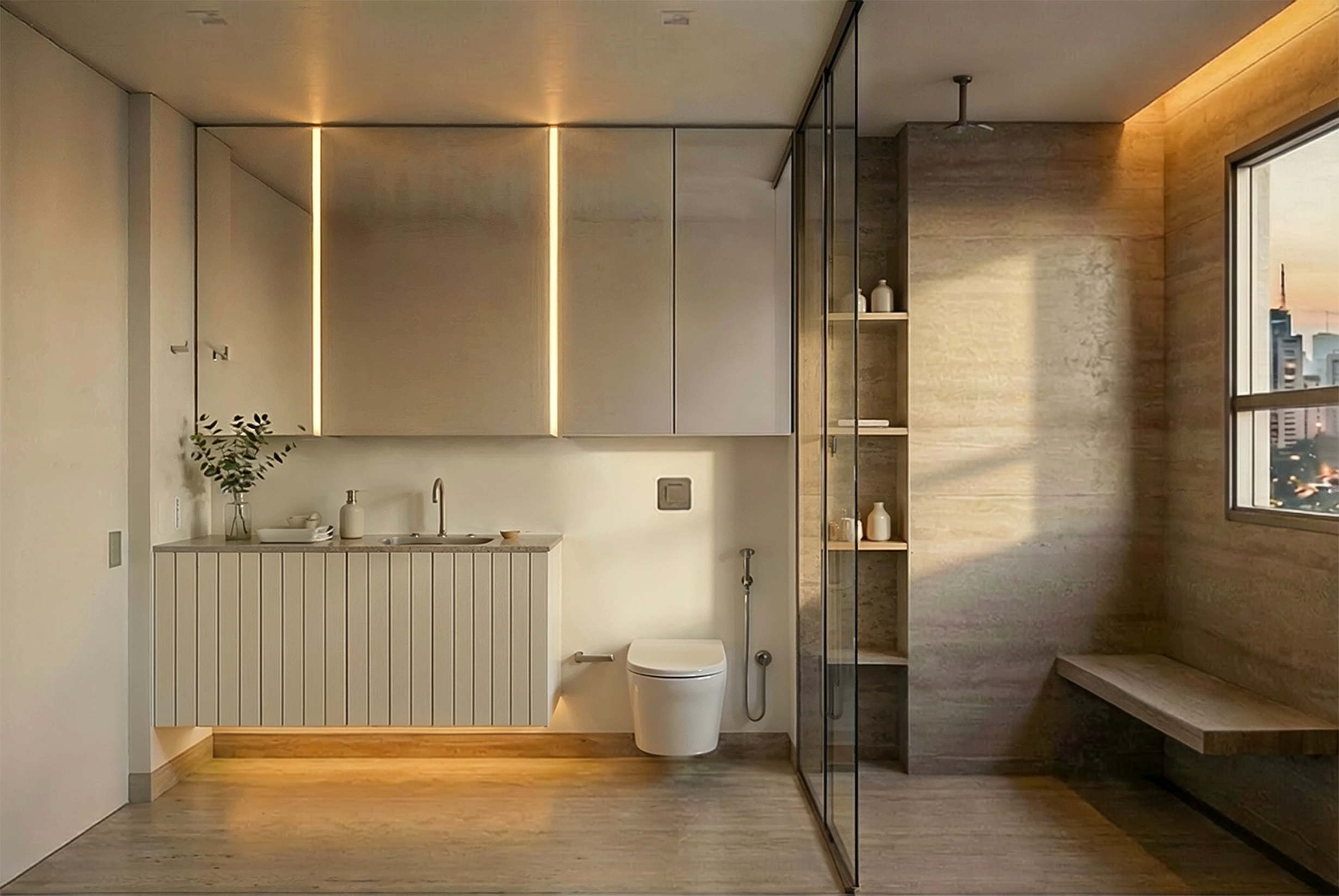 Lavabo de luxo com design de interiores exclusivo do Studio Maio, unindo materiais nobres e iluminação cénica para um ambiente sofisticado.
