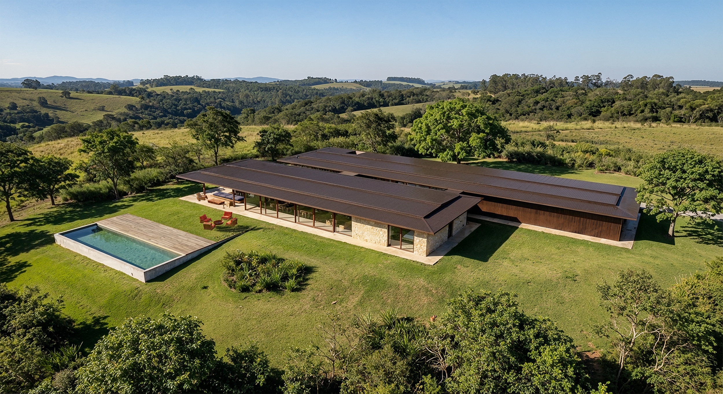 Fachada da Casa Tetris em pedra moledo e madeira, exemplo de arquitetura contemporânea.