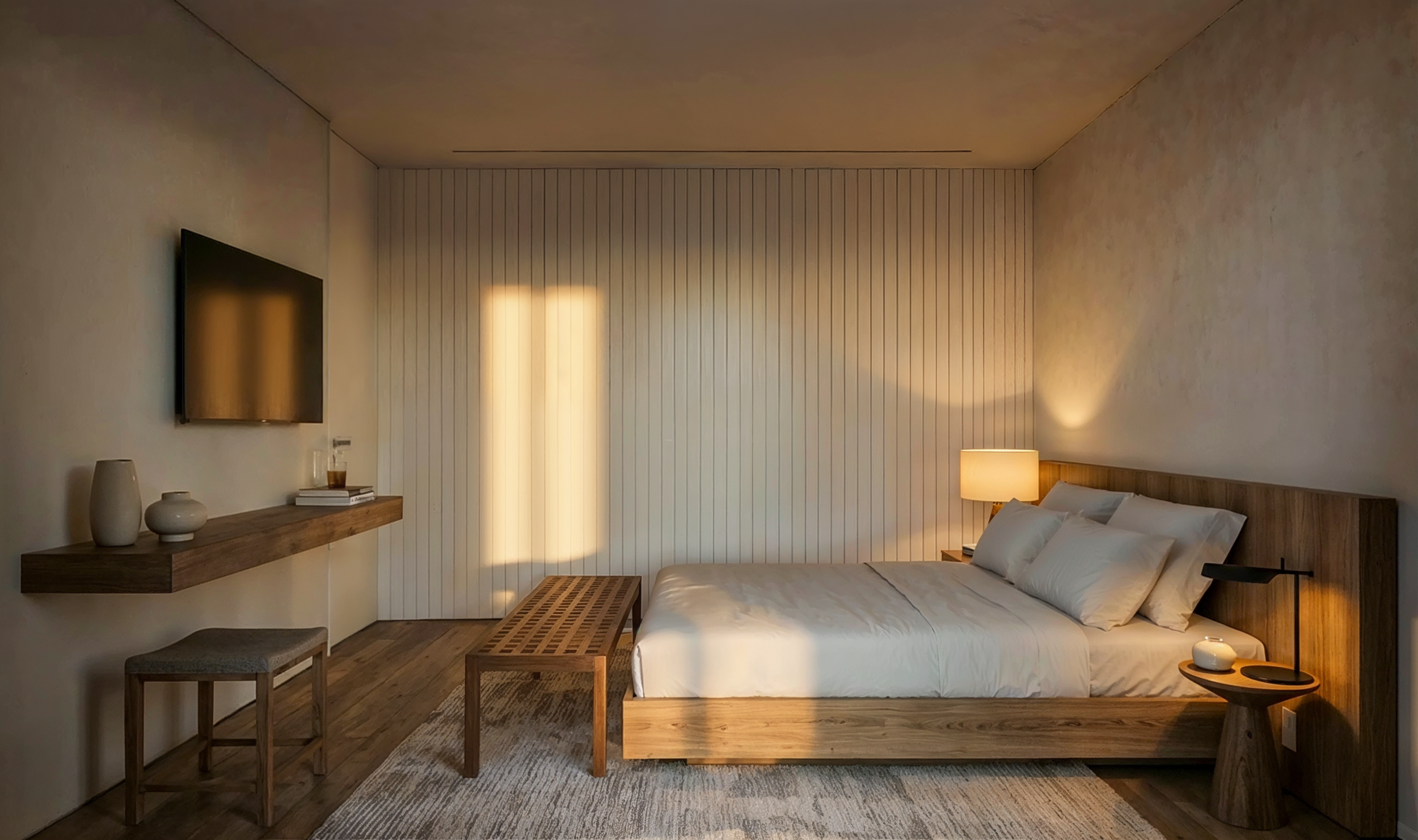 Quarto de casal com design minimalista e personalizado, criando um refúgio de sofisticação e conforto térmico.