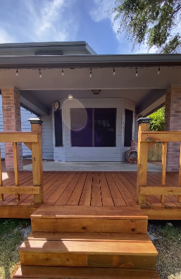 Showcasing the stairs built leading up to the deck