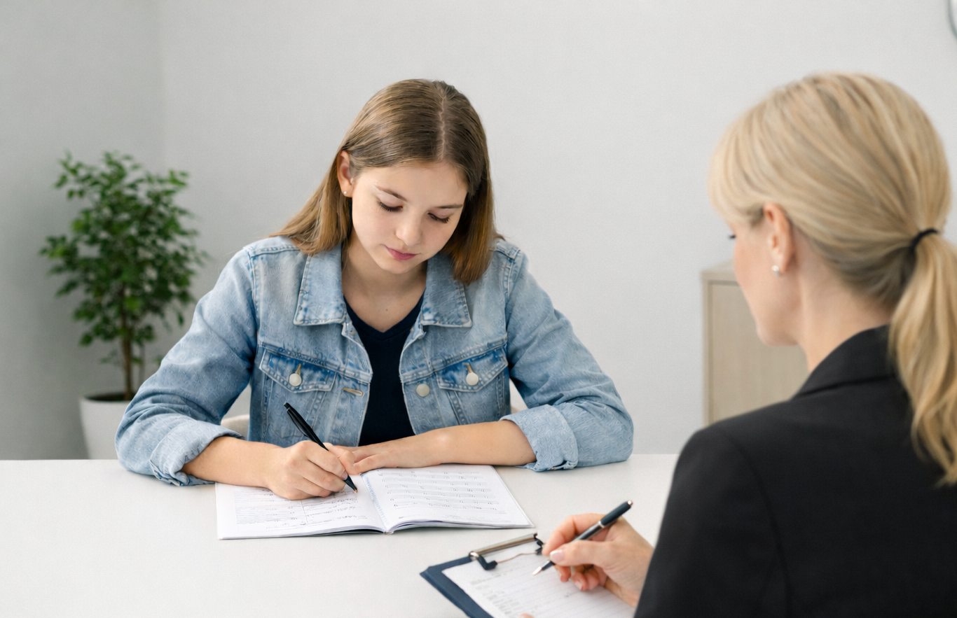 A young woman in a denim jacket sitting at a table, filling out a form with a pen, talking to a woman across from her who is also holding a pen and a clipboard.