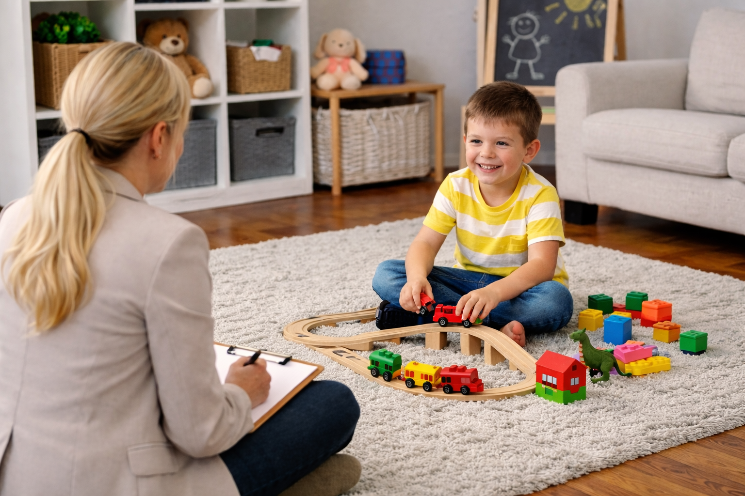 A young boy in a yellow and white striped shirt playing with a toy train set on a cream-colored carpet, sitting cross-legged, with a woman taking notes on a clipboard nearby.