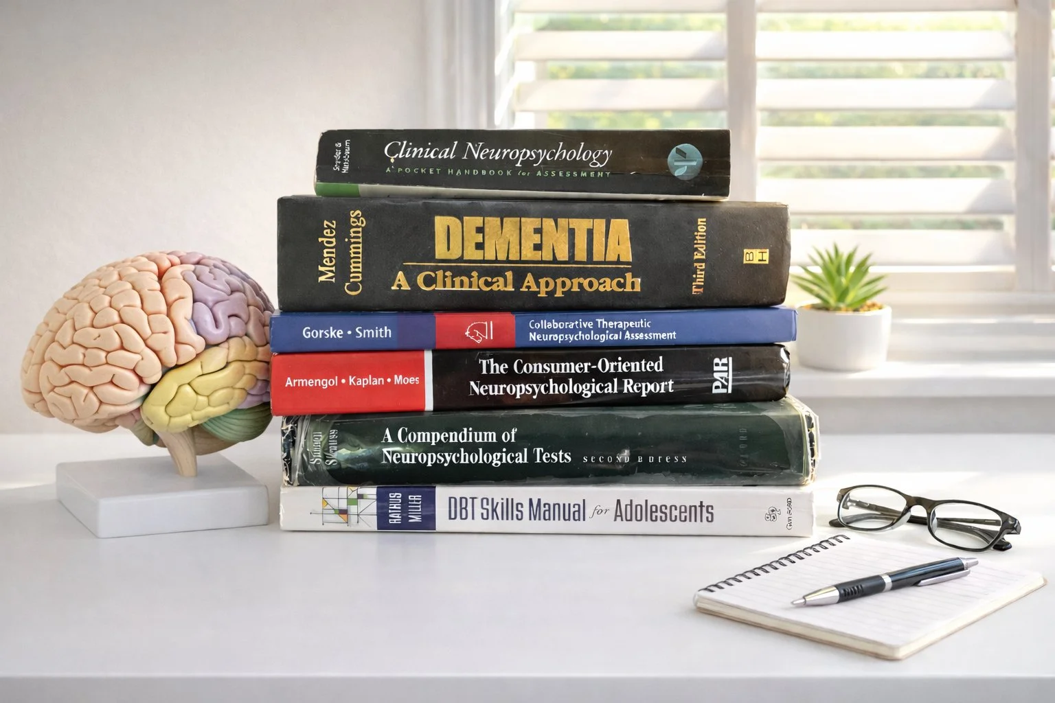 Stack of psychological and neuropsychological books on a white desk, with a model of a brain, a pair of glasses, a pen, and a notepad nearby, with window blinds in the background.