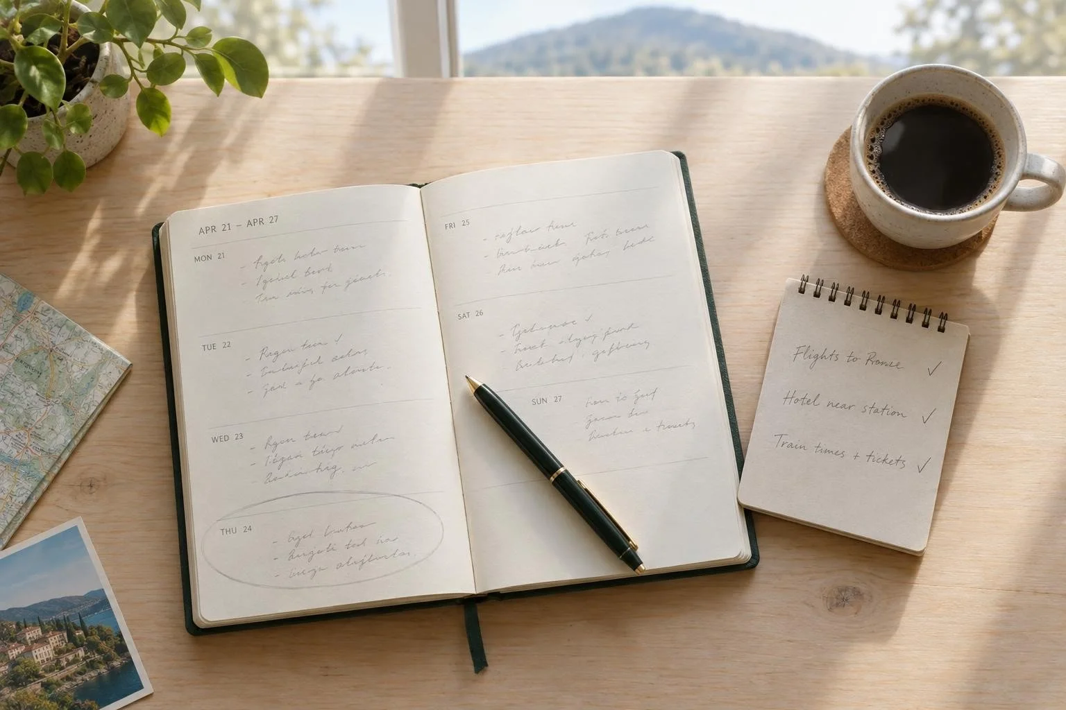 Open handwritten weekly planner with pen, travel checklist, coffee cup, map, plant, and mountain view on a wooden desk